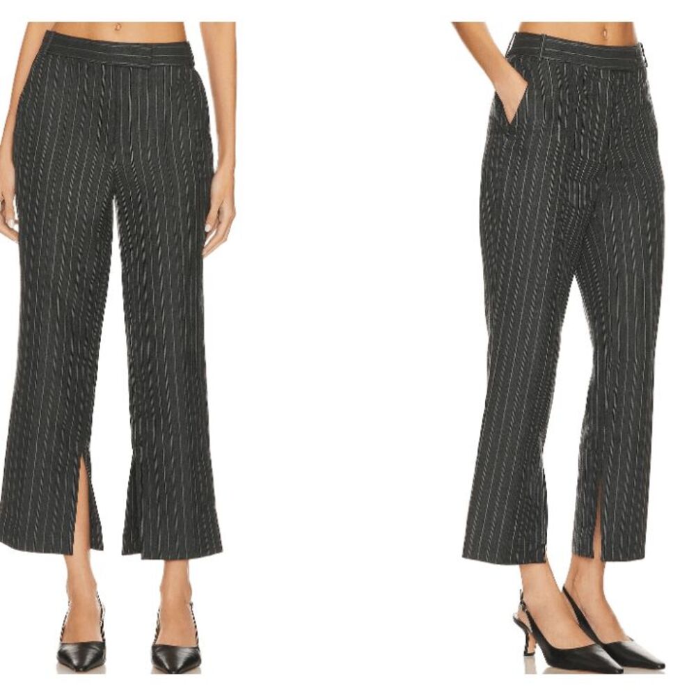 Simkhai Vera Cropped Wool Blend Trousers‎ Pinstripe Charcoal Split Hem Size 8